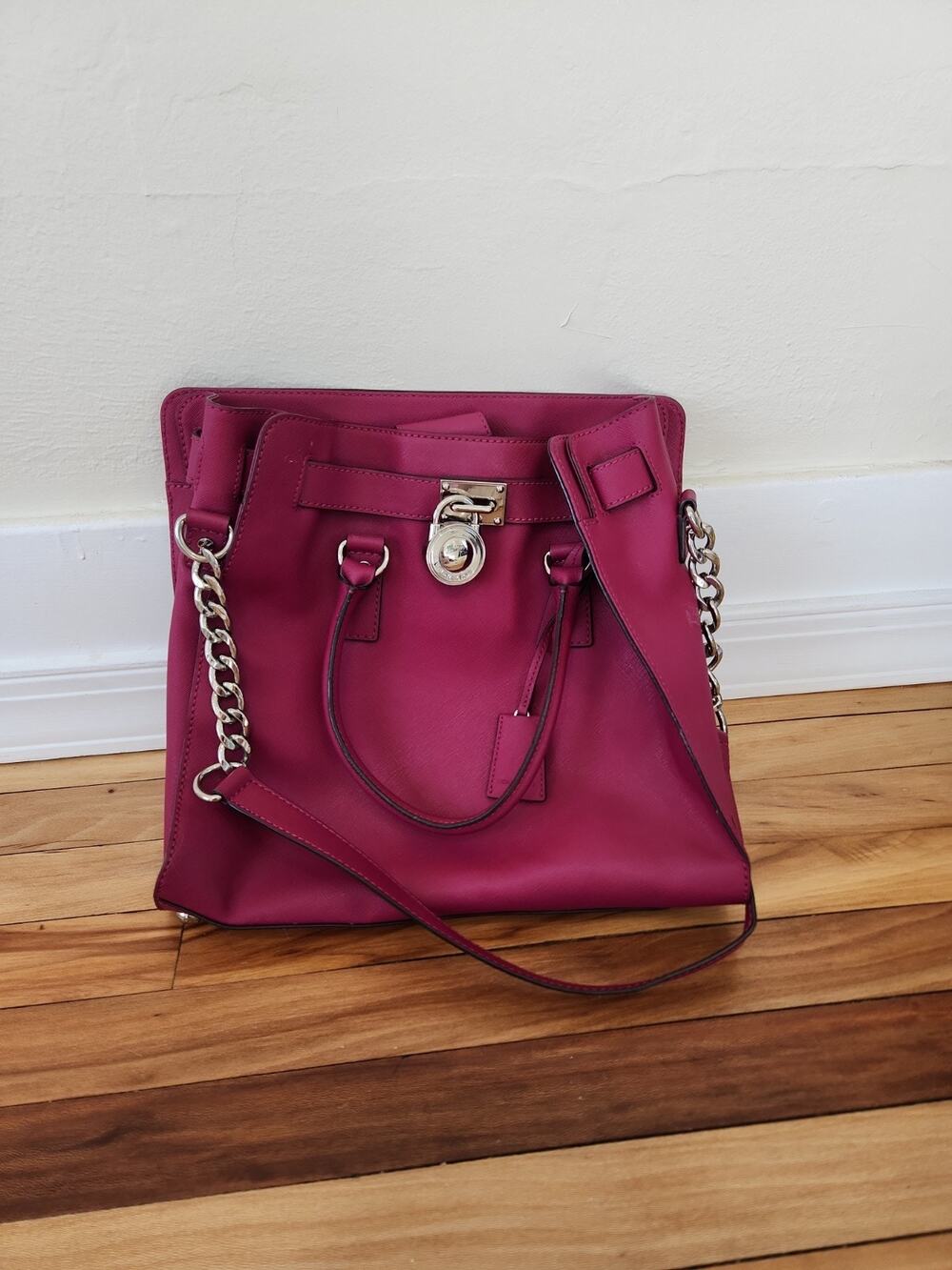 Michael Kors Womens Purple Solid Leather Hamilton Satchel Silver Lock Chunky